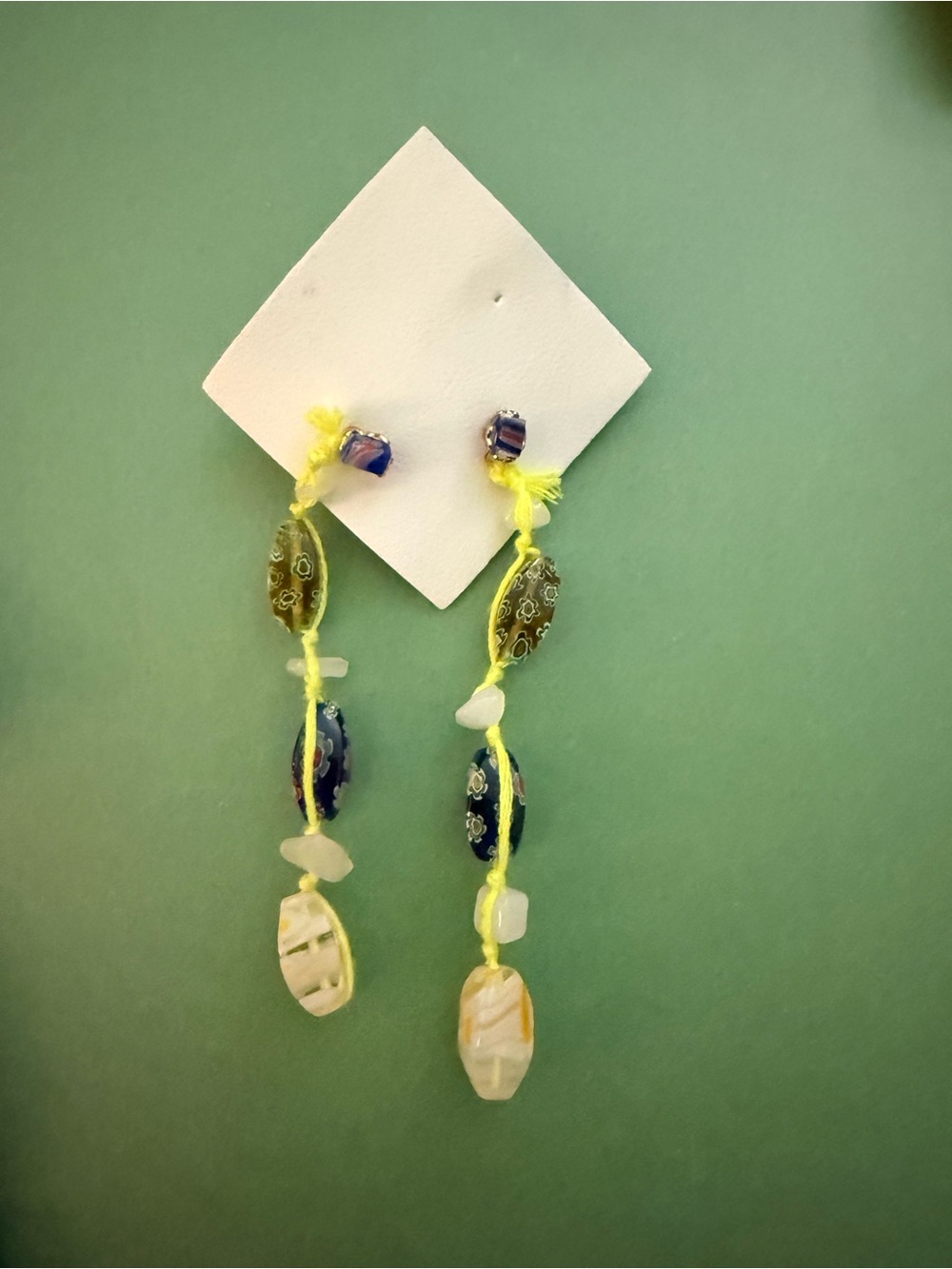 Free People Neon Yellow Beaded Drop Earrings with Blue and Cream Accents